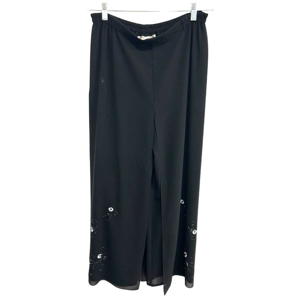 Adrianna Papell Sz 10 Black Wide Leg Pants Floral Beaded Embellished Cocktail